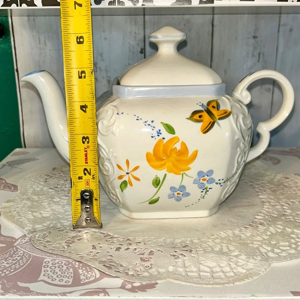 Vtg Ellgreave Ceramic‎ Teapot Hand Painted Butterfly Floral Blue  Cottagecore
